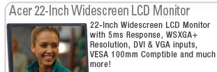 Acer AL2216WBD 22" Widescreen LCD Monitor - Ultra-fast 5ms, WSXGA+ 1680x1050, DVI, VGA, Black, VESA 100mm